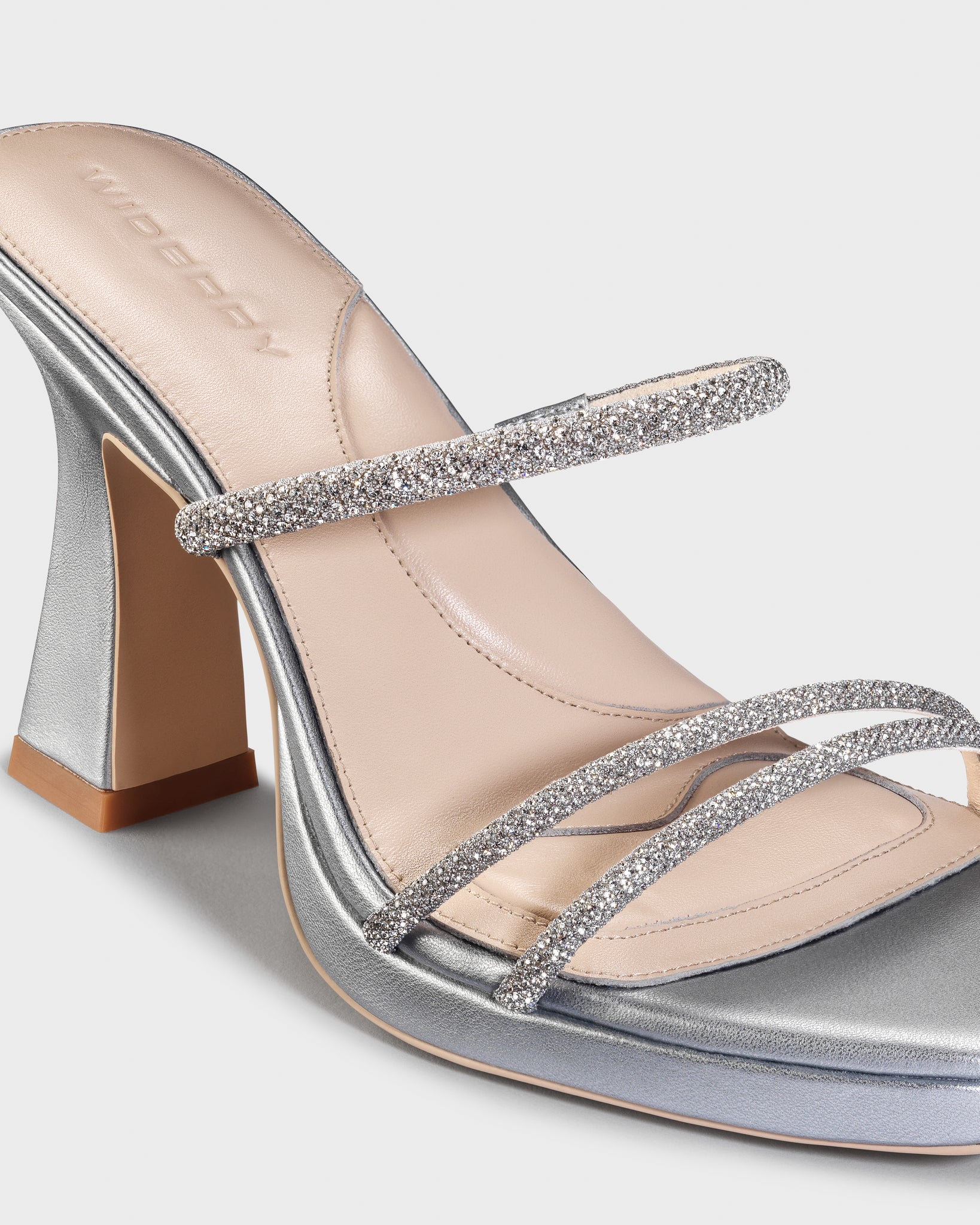 Widerry Gloria silver wide fit heels, close up