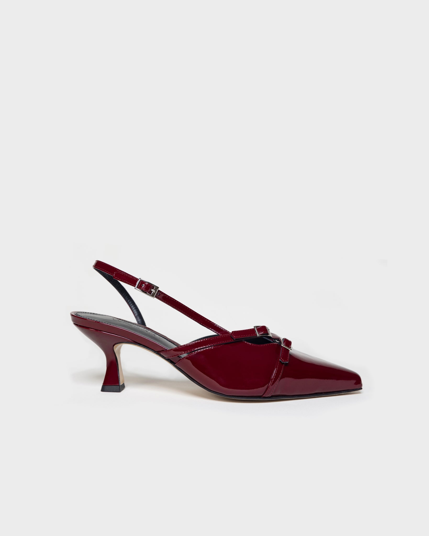 Side view of Burgundy wide fit kitten heel with patent leather finish, stylish and comfortable women's shoes