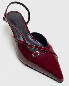 Close-up detail view of Burgundy wide fit kitten heel with patent leather finish, stylish and comfortable women's shoes