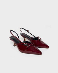 Angle view of Burgundy wide fit kitten heels with patent leather finish, stylish and comfortable women's shoes