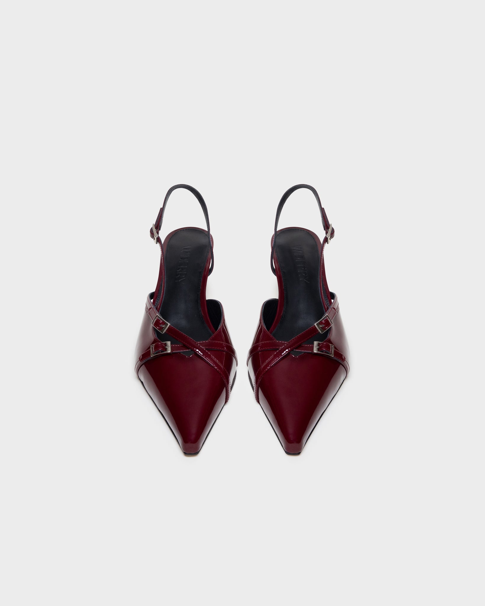 Front view of Burgundy wide fit kitten heels with patent leather finish, stylish and comfortable women's shoes