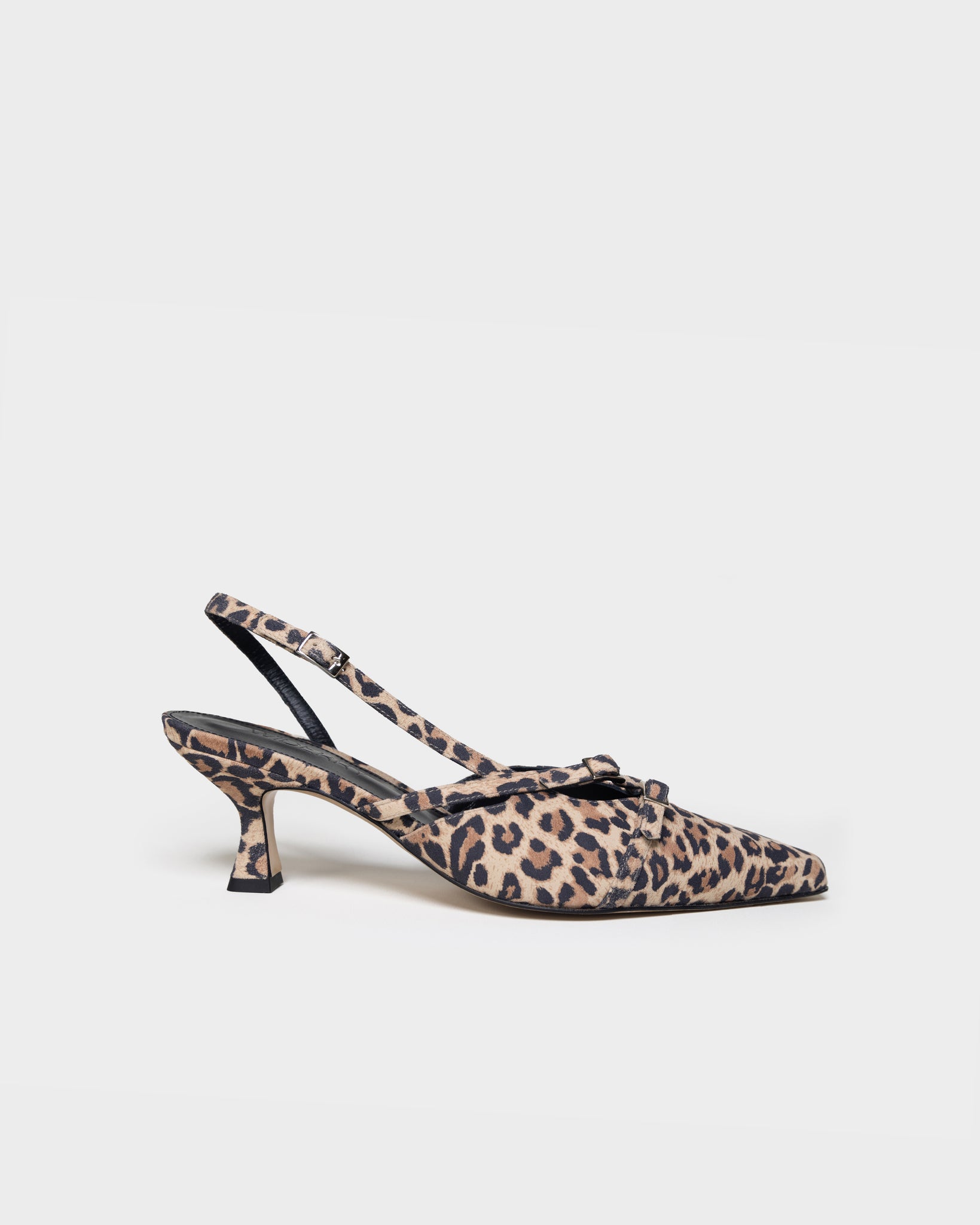 Side view of leopard print wide fit kitten heel with soft leather finish, stylish and comfortable women's shoes